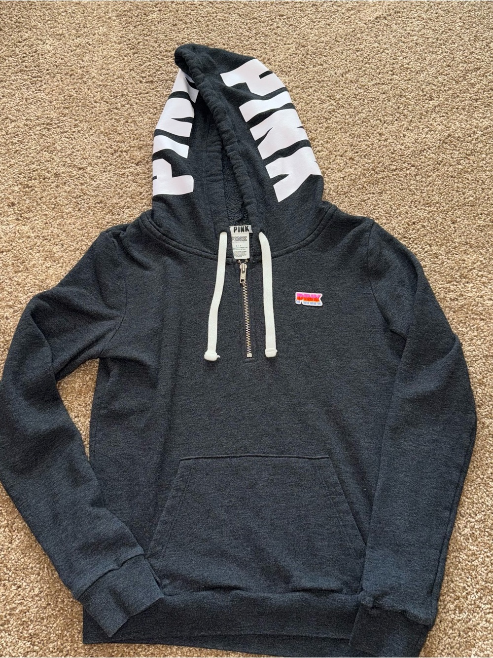 PINK Victoria's Secret Women's Black Zip Hoodie with Pink HTV on Hood Panel